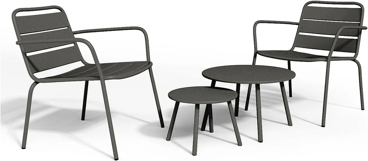 Ensemble Salon de Jardin en Métal Gris Anthracite - 2 Fauteuils Empilables et Tables Gigognes - MIRMANDE