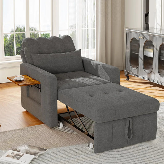 Canapé-lit 1 Place Convertible 3-en-1 avec Dossier Réglable et Table Pliante, Coussin et Rangement Latéral - Gris Moyen