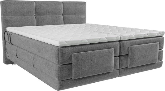 Lit Boxspring Électrique avec Tête de Lit Capitonnée et Surmatelas - 2x90x200 cm - Tissu Gris Clair