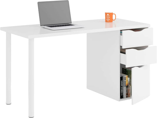 Bureau réversible Athéna avec tiroirs et porte, blanc Artik, 138x60x74 cm