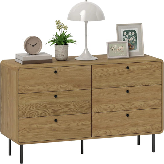 Commode étroite 6 tiroirs en chêne avec pieds en acier et poignées en bois pour chambre, salon et couloir