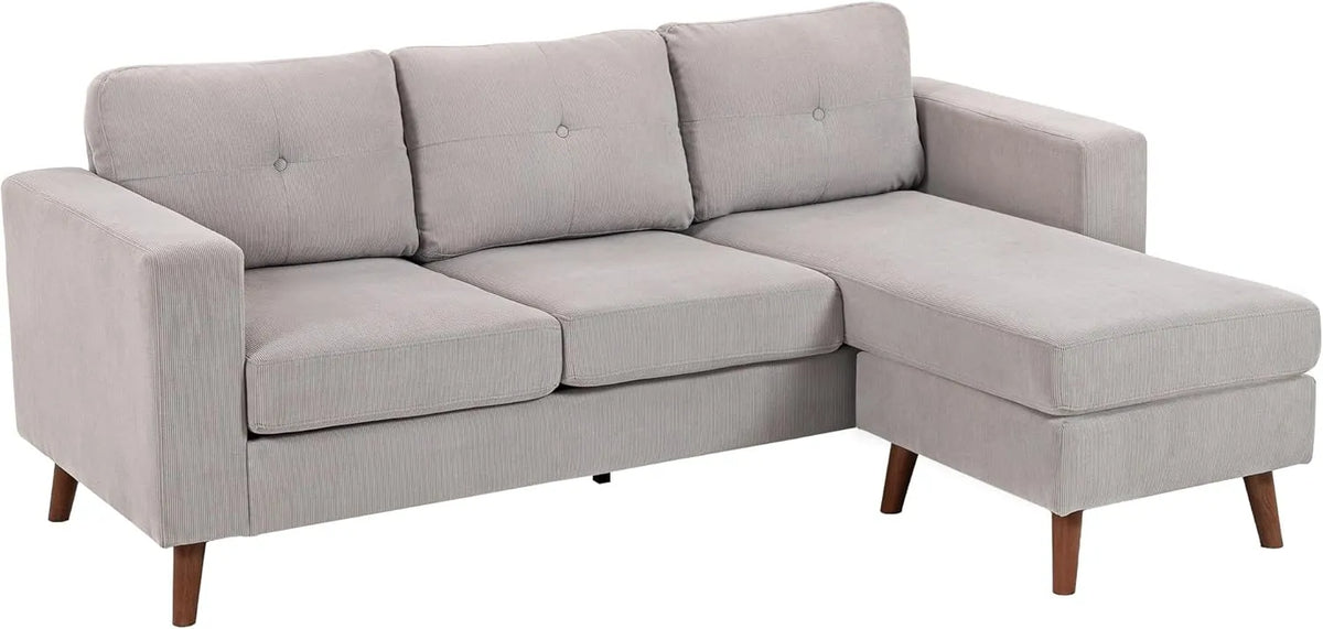 Canapé d'angle réversible en velours côtelé 3 places avec méridienne, design moderne pour salon, 192 cm, cadre en acier, gris clair