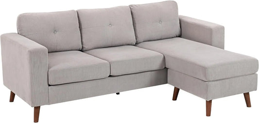 Canapé d'angle réversible en velours côtelé 3 places avec méridienne, design moderne pour salon, 192 cm, cadre en acier, gris clair