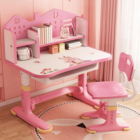 Bureau et Chaise Réglables pour Enfants avec Tiroir - Thème Dessin Animé Rose