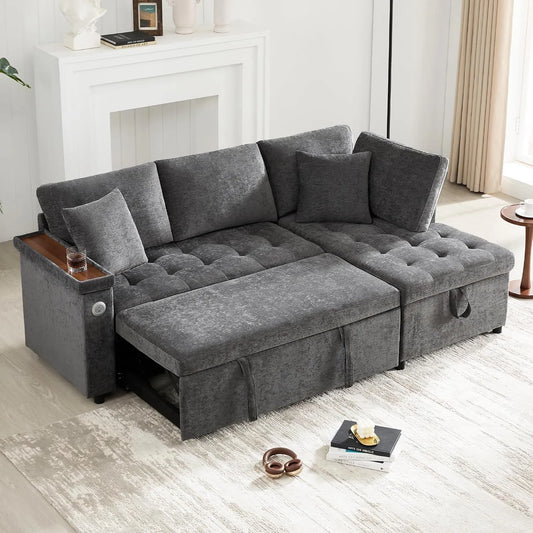 Canapé d'Angle avec Lit, Chargeur USB et Rangement Accoudoir, 3 Places, Design Moderne, Tissu Chenille Gris