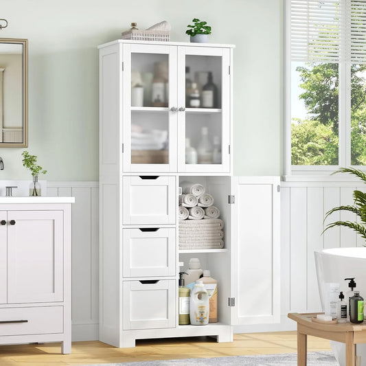 Armoire de Salle de Bain avec Tiroirs et Portes, Rangement Haut en Bois pour Salon et Cuisine, 143,2 x 60 x 30 cm, Blanc