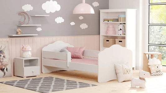 Lit Enfant Blanc 140x70 cm avec Barrière et Matelas - Meuble Chambre Bébé