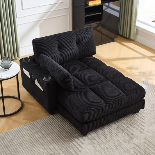 Lit de Jour en Velours Côtelé Noir avec Rangement et Coussin, pour Salon et Bureau