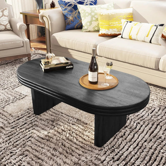 Table Basse Ovale Vintage en Bois, Style Moderne Milieu du Siècle, Polyvalente pour Salon ou Bureau, Noire, 60x120x41.5 cm