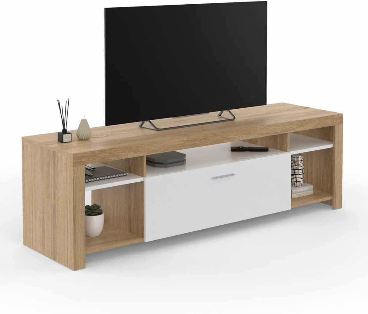 Meuble TV Malo 140 cm en Bois avec Rangement Blanc