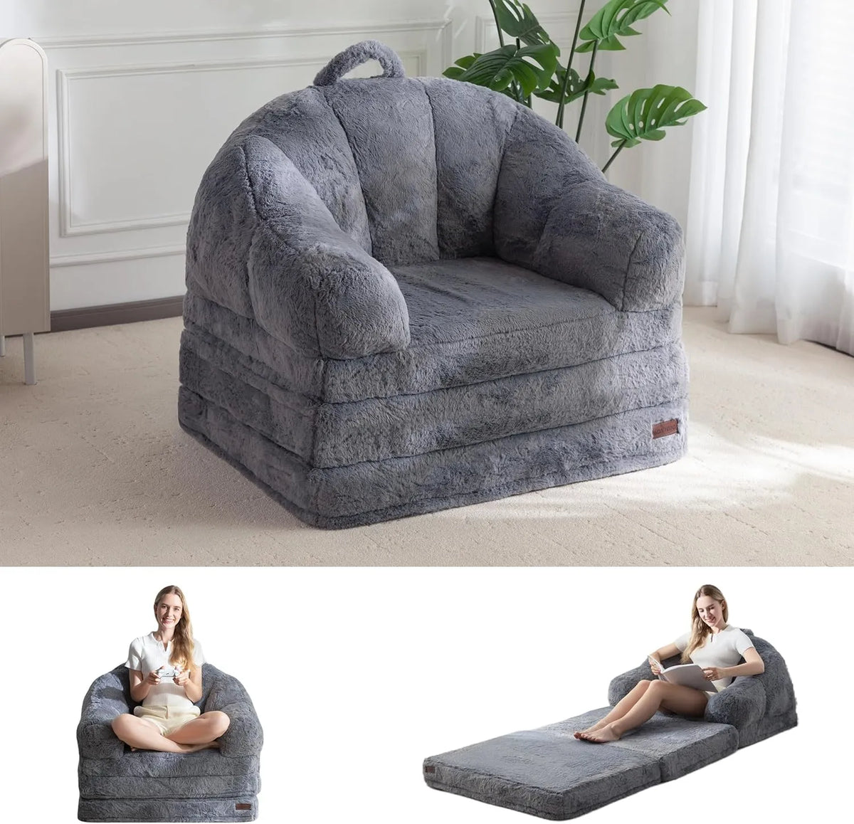Canapé Convertible en Tissu Douillet Fausse Fourrure, Fauteuil-Lit avec Poignée pour Salon