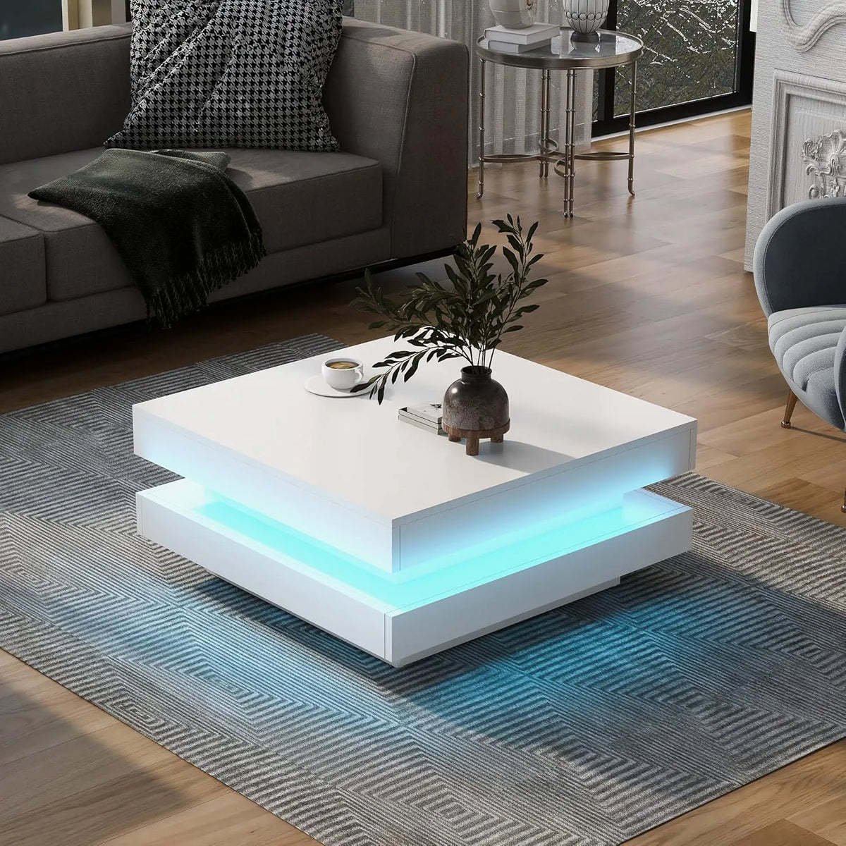 Table Basse Moderne avec LED et Bluetooth, Blanc Brillant, 70x70x36cm