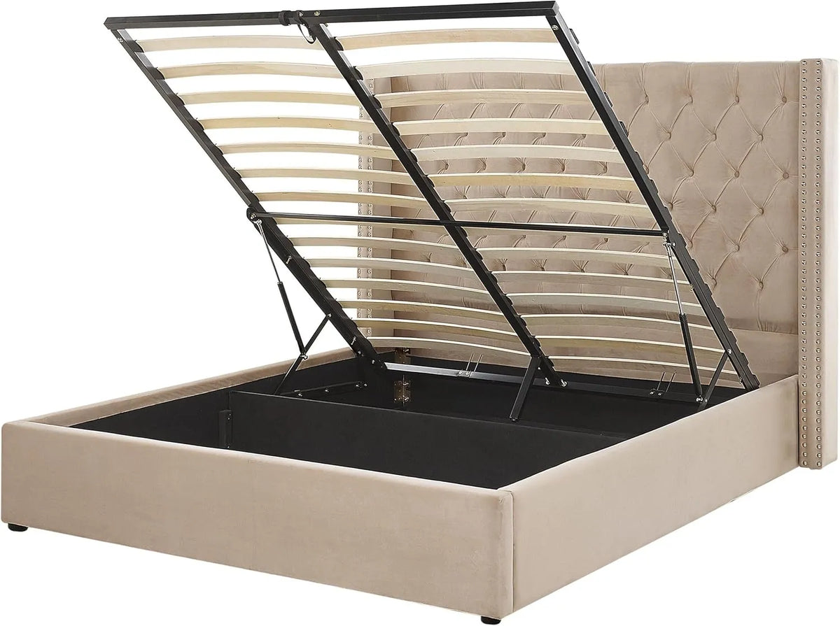 Lit Double 160x200 cm Beige Velours avec Tête de Lit Chesterfield et Rangement