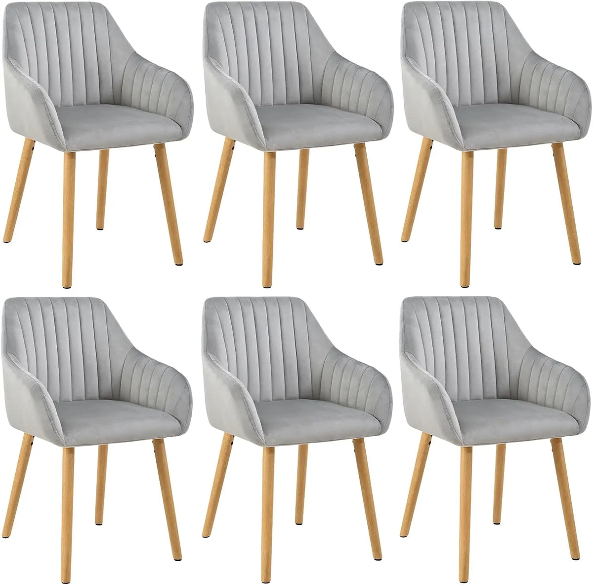 Lot de 6 Fauteuils en Velours Gris avec Accoudoirs pour Salle à Manger, Pieds en Bois