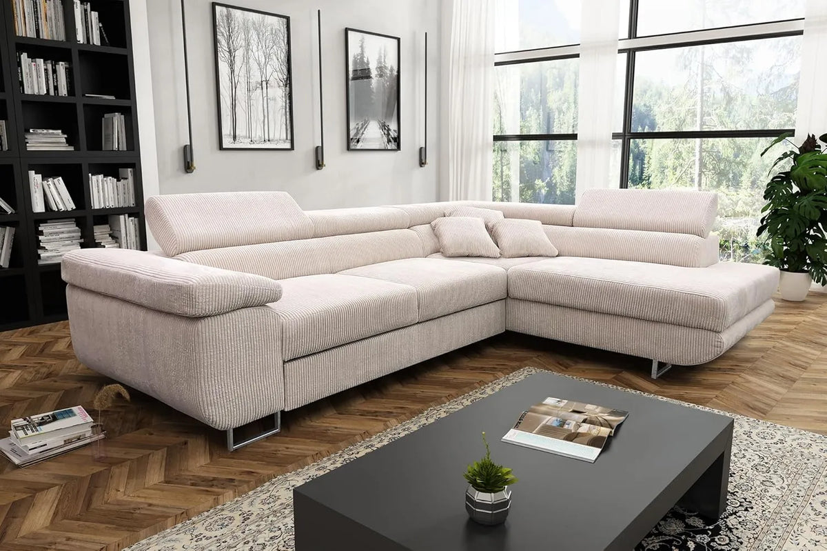 Canapé d'angle convertible en velours côtelé avec rangement et têtières ajustables - Beige, Angle Droit