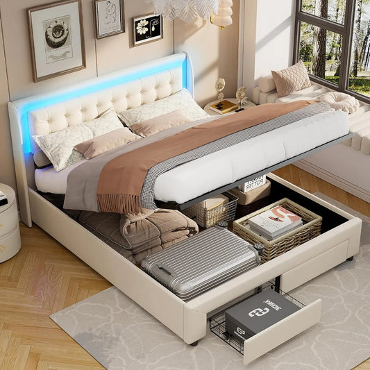 Lit Double 180x200 cm en Velours avec Tiroirs et LED, Sommier à Lattes Inclus