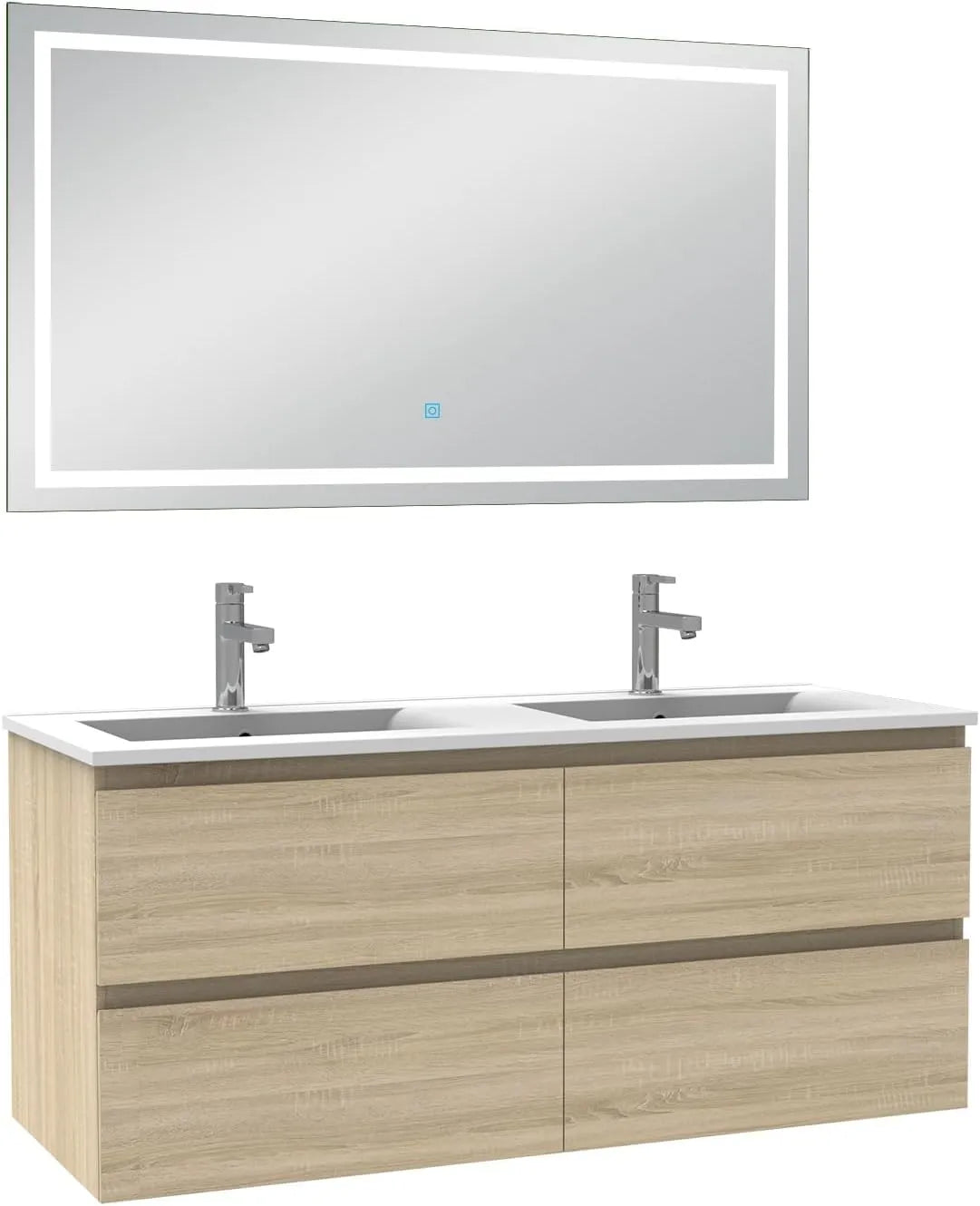 Ensemble de Meubles de Salle de Bain 120cm Chêne Wotan avec Double Vasque et Miroir LED Réglable