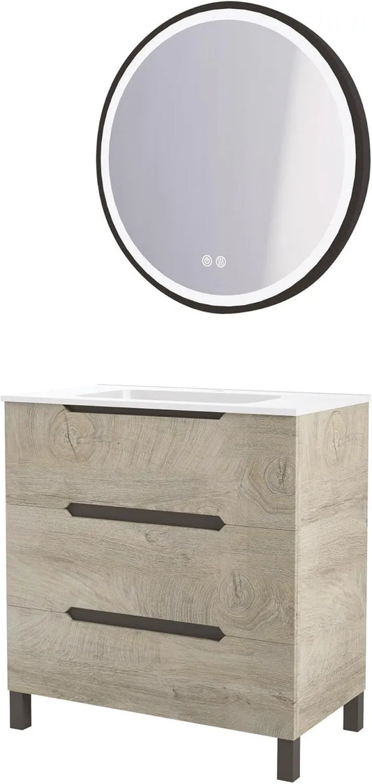 Ensemble de Meuble de Salle de Bain 80 cm avec Vasque en Céramique et Miroir LED Noir Rond, 3 Tiroirs à Fermeture Douce, Kit de Montage, Fabriqué en Europe, Bois Nordic, Modèle Alaska