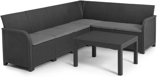 Ensemble Salon de Jardin 6 Places en Résine Tressée avec Table - Gris Graphite