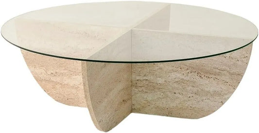 Table basse AYSUN en verre trempé et travertin transparent