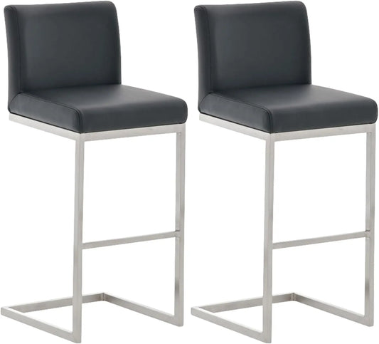 Ensemble de 2 Tabourets de Bar Paros en Similicuir Noir avec Piétement en Acier Inoxydable