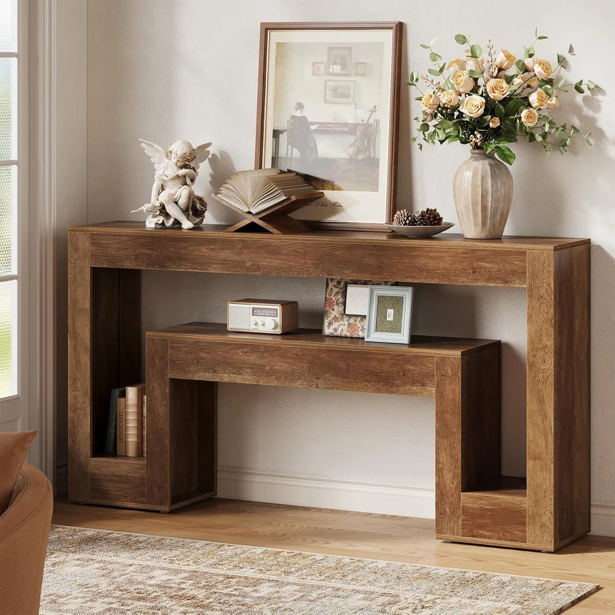 Table Console Rustique 160 cm avec Étagères en Bois pour Salon et Entrée