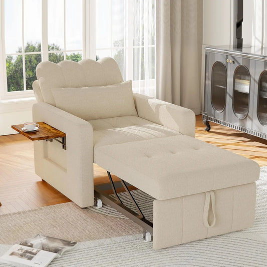 Fauteuil Convertible 3-en-1 avec Fonction Lit et Rangement, Dossier Réglable, Beige