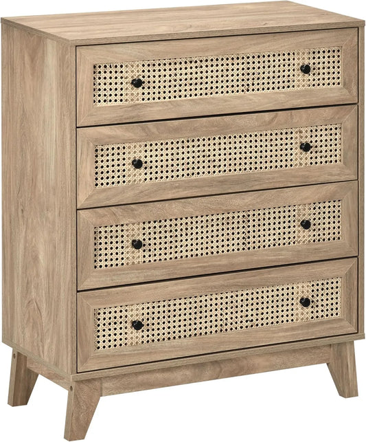 Buffet HOMCOM à 4 tiroirs avec cannage en rotin, 80 x 35 x 95 cm, finition bois clair