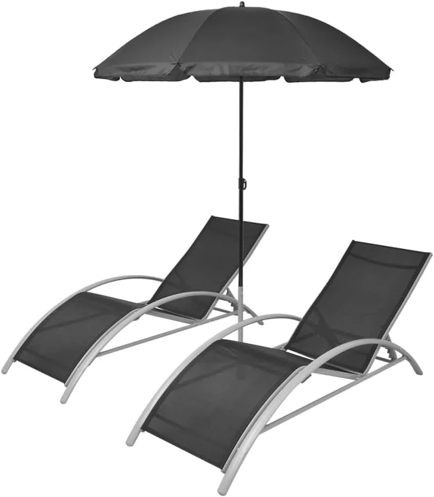 Set de chaises longues en aluminium avec parasol, idéal pour jardin et terrasse