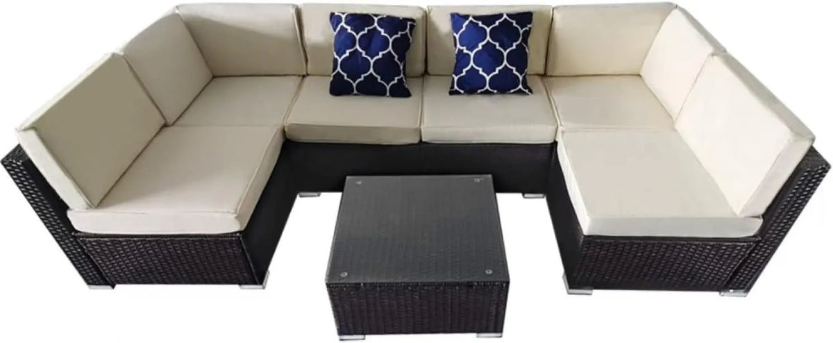 Ensemble de Jardin Modulable 6 Personnes en Résine Tressée Beige et Marron avec Table en Verre Trempé