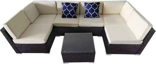 Ensemble de Jardin Modulable 6 Personnes en Résine Tressée Beige et Marron avec Table en Verre Trempé