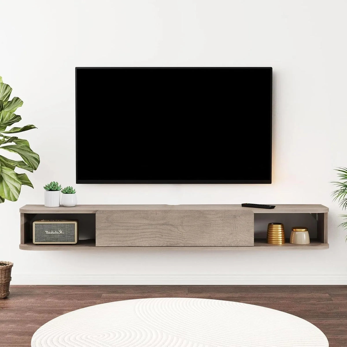 Meuble TV Mural Flottant en Bois avec Compartiments de Rangement et Portes
