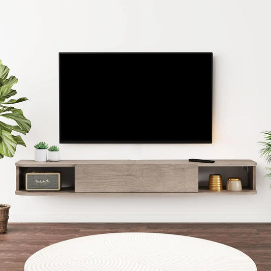 Meuble TV Mural Flottant en Bois avec Compartiments de Rangement et Portes