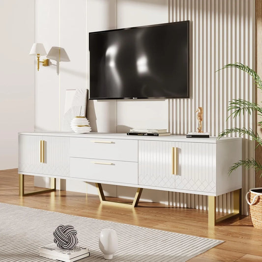 Élégant Meuble TV avec Rangement, Poignées et Pieds Dorés, Pour Salon et Chambre (Blanc)