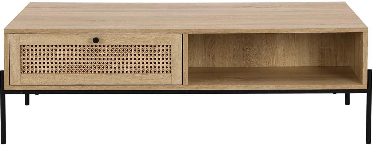 Table Basse en Rotin et Chêne 115 cm avec Tiroir - Modèle Iris