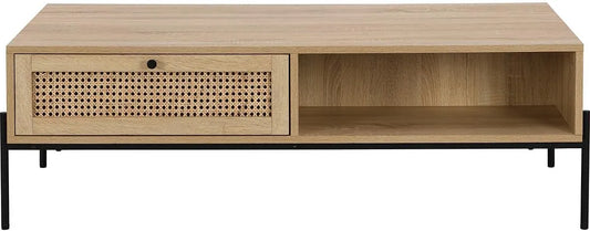 Table Basse en Rotin et Chêne 115 cm avec Tiroir - Modèle Iris