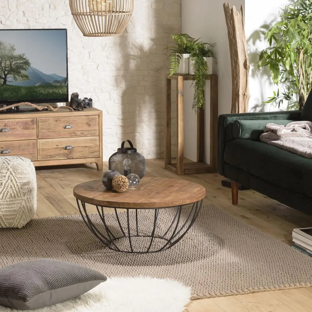 Table Basse Ronde en Teck Recyclé avec Pieds Métalliques Noirs - 80x80 cm