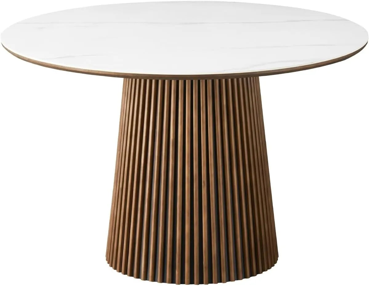 Table à Manger Ronde en Céramique Effet Marbre et Bois Foncé pour 6 Personnes Ø120 cm - Modèle Ada