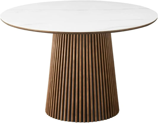 Table à Manger Ronde en Céramique Effet Marbre et Bois Foncé pour 6 Personnes Ø120 cm - Modèle Ada
