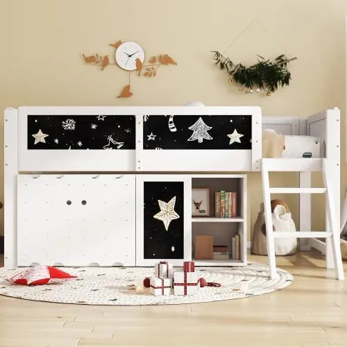 Lit mezzanine enfant avec rangements et tableau noir, blanc, 90x200cm, sécurité renforcée