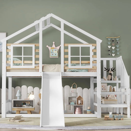 Lit Enfant Cabane 90x200 avec Escalier et Toboggan, Mezzanine en Bois Massif, Sécurité Antichute, Blanc