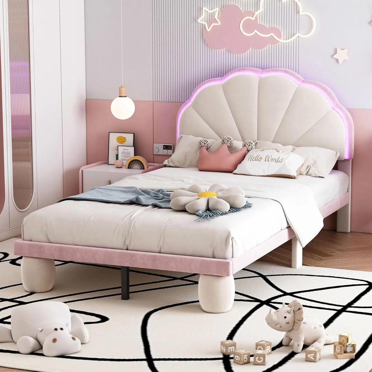 Lit Simple Merax en Velours Beige et Rose, 90x200 cm, avec LED Multicolores et Tête de Lit Dentelée