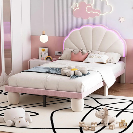Lit Simple Merax en Velours Beige et Rose, 90x200 cm, avec LED Multicolores et Tête de Lit Dentelée