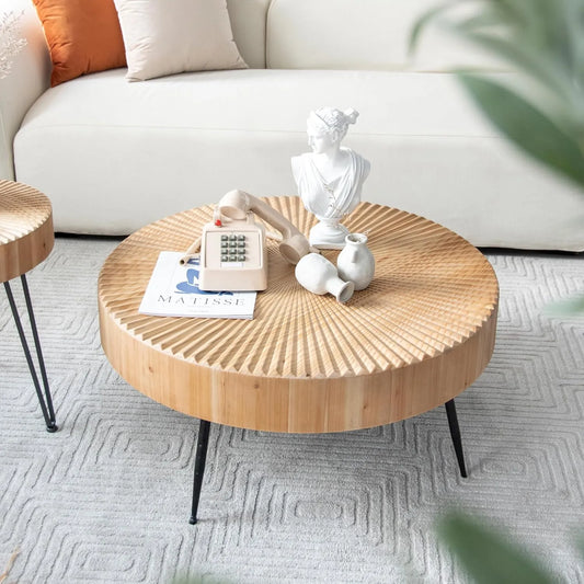 Table Basse Ronde en Pin avec Pieds en Métal pour Salon, 60x60x42 cm, Brun Clair