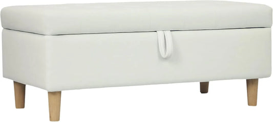 Banc de rangement en velours côtelé avec pieds en bois - Blanc crème - Pour salon, chambre et couloir - 115 x 50 x 43 cm