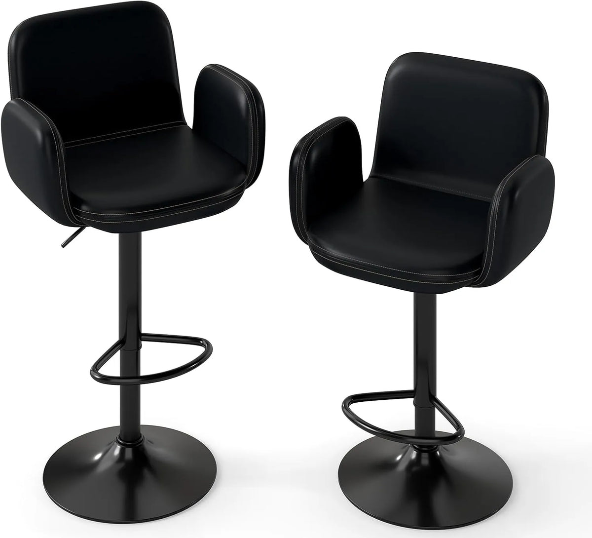COSTWAY Lot de 2 Tabourets de Bar Réglables en Cuir Synthétique avec Dossier et Accoudoirs - Noir
