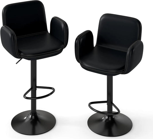 COSTWAY Lot de 2 Tabourets de Bar Réglables en Cuir Synthétique avec Dossier et Accoudoirs - Noir