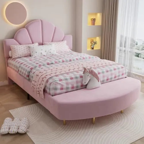 Lit Enfant Rembourré Merax 140x200 cm, Tête de Lit et Banc en Velours, Rose, Sécurité Anti-Collision, Structure Solide