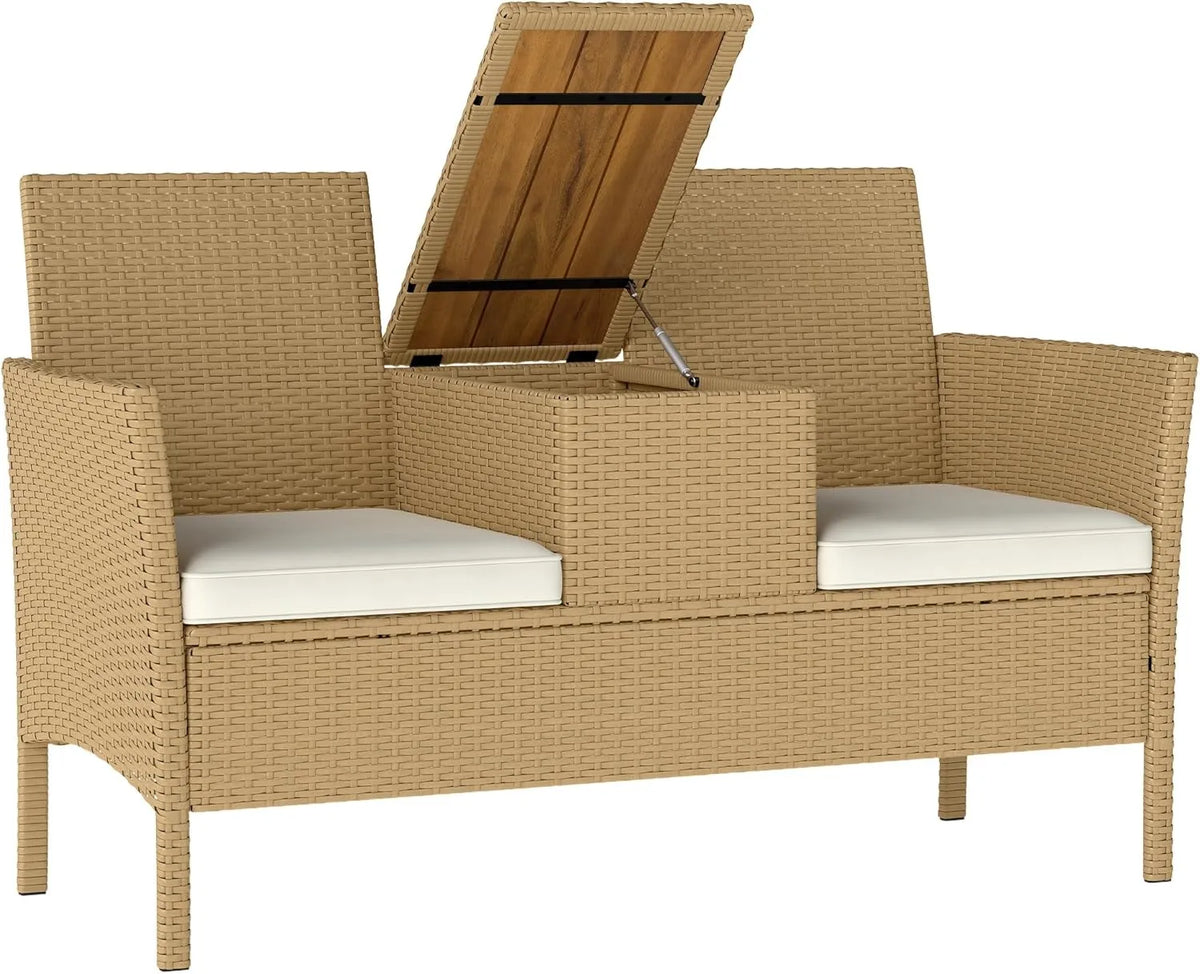 Banc de Jardin pour 2 Personnes en Rotin et Acier avec Table Pliante et Rangement Caché, Crème et Kaki