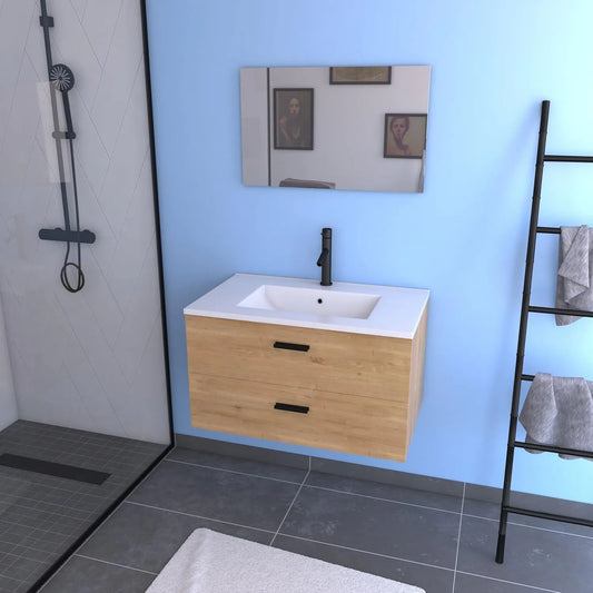 Ensemble de Meuble de Salle de Bain 80 cm avec Vasque, Miroir et Tiroirs, Finition Bois